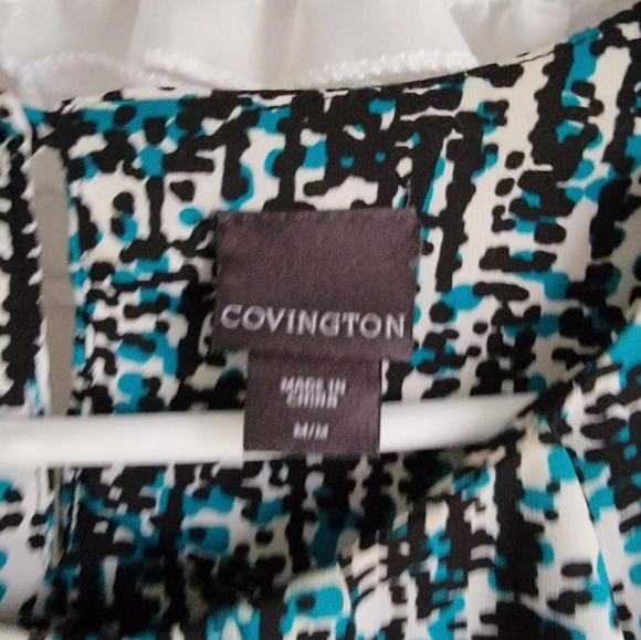 Covington Sleeveless Blouse with Ruffle, Blue Black and White Print, Size M - Picture 3 of 8